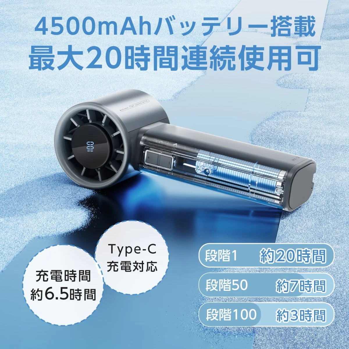 超高速ハンディファン 100段階の無段階風量コントロール 大容量バッテリー搭載 - Image 6