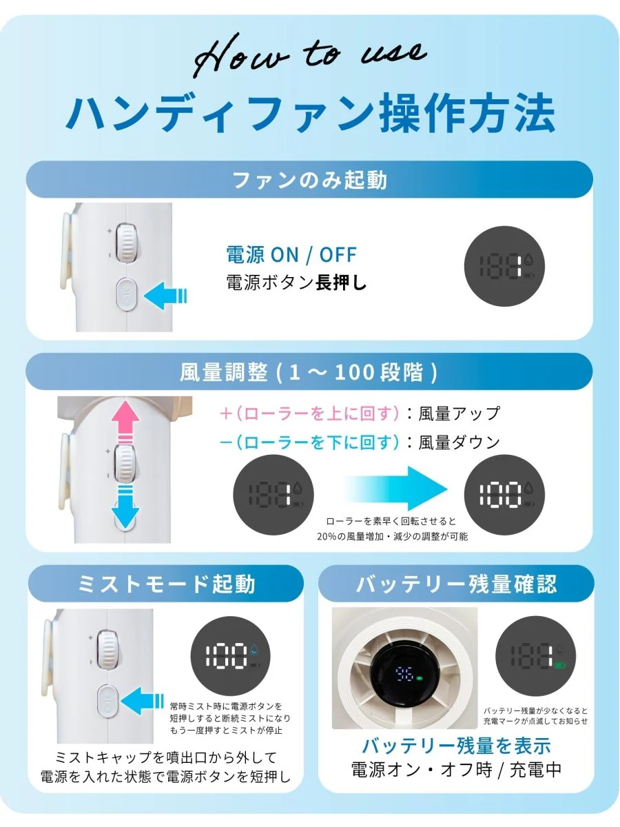 ミストハンディファン ホワイト W02 100段階風量調整 ハンドストラップ付き - Image 17