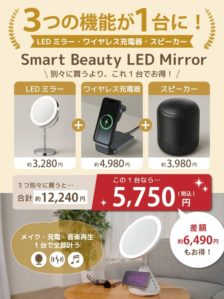 女優ミラー ワイヤレス充電 Bluetoothスピーカー W02243 W02255 卓上ライト付ミラー - Image 3