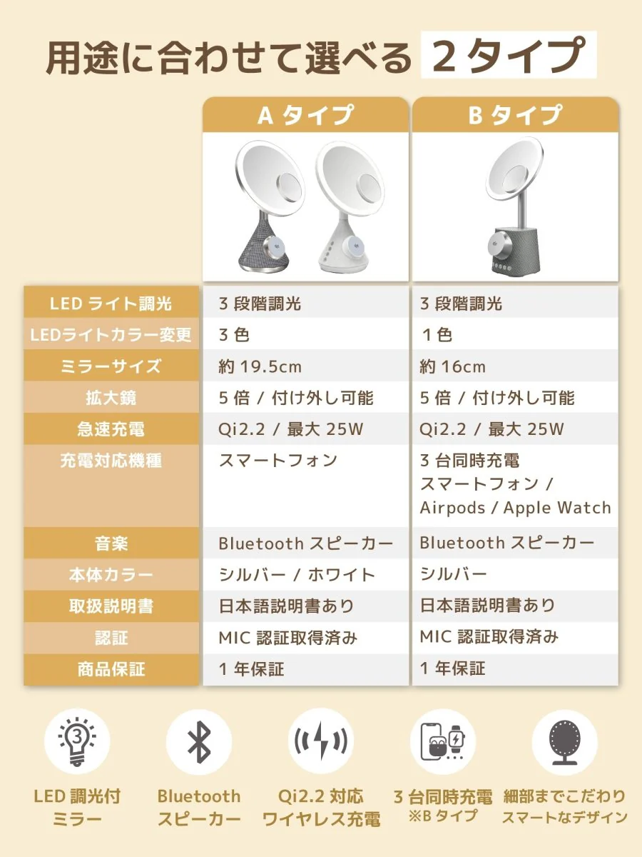 女優ミラー ワイヤレス充電 Bluetoothスピーカー W02243 W02255 卓上ライト付ミラー - Image 8